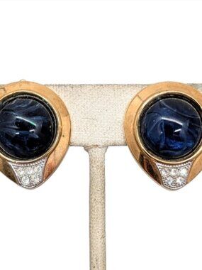 Vintage 1980s Signed Lanvin Faux-Flawed Sapphire Pavé Rhinestone Clip Earrings